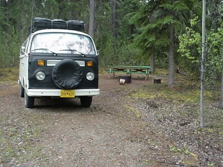 The Bus greets the morning in Watson Lake