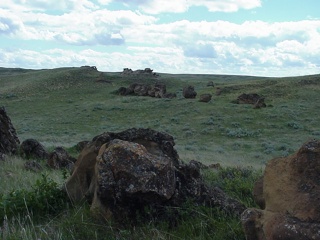 Sandstone outcroppings in a field on the ranch