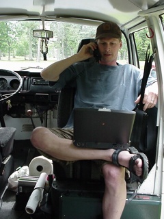 We pause in Bemidji for Brian's phone interview, looks pretty corporate doesn't he?