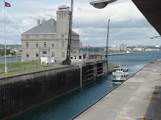 A small ferry entering the Sault Saint Marie locks