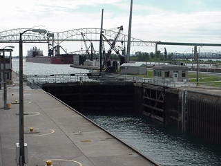 The locks allow boat traffic between Lake Superior and Lake Huron, which is 25 feet lower