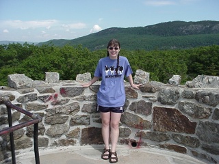 Theresa, in her anniversary T-shirt, on the tower