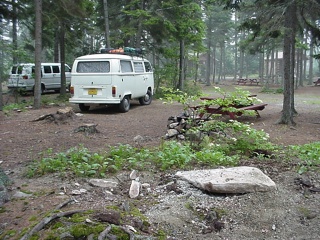 A bus in the mist, at Bass Harbor Campground