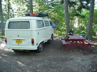 Brian, Theresa & the bus wake up at Bass Harbor Campground!