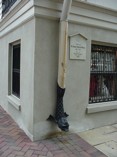 We couldn't quite hear the story about why there were fish on some of the rain gutters, but we like the look