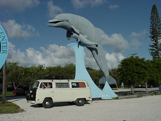 And then suddenly, two excellent examples of large fiberglas sculptures that we had missed on the way in. First, the docile dolphins...