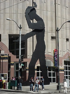A large moving sculpture outside the Seattle Museum of Art