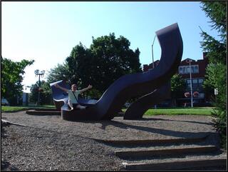 Theresa enjoying public art the way it is intended to be enjoyed