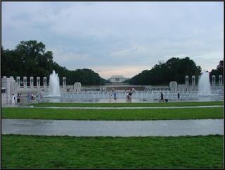 The new World War II memorial with the Lincoln monument in the background