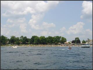 Looking back at the heavily populated Lake Geneva public beach