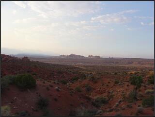 A hazy view from Devil's Garden toward Balanced Rock
