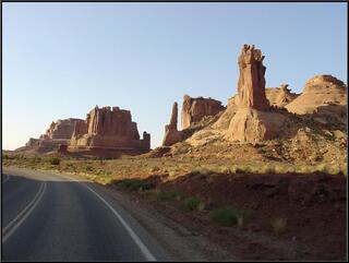 The drive out of Arches National Park, toward Park Avenue