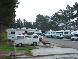 Morning in Half Moon Bay, the bus living large and making friends
