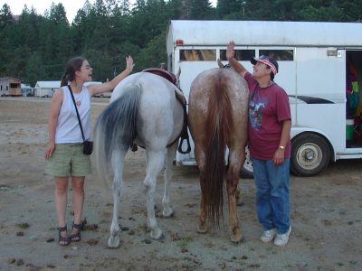 Theresa and Aunt Darcy celebrating a successful ride