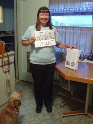 Aunt Darcy, with our website packaged for Mom