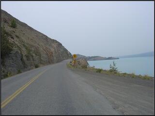 One of our favorite stretches of road, even in the smoke, along the western edge of Kluane Lake