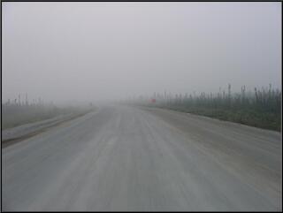 Approaching the border after Beaver Creek, driving through a smoke cloud