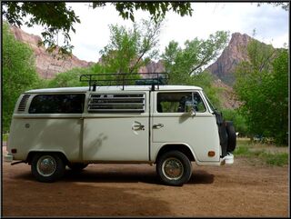 The bus and Watchman Mountain