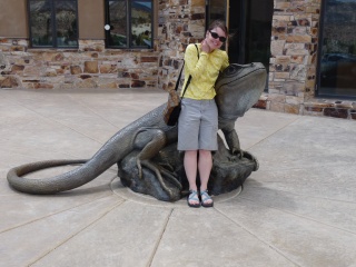 Theresa and the biggest lizard we've seen, at the Escalante Visitor's Center