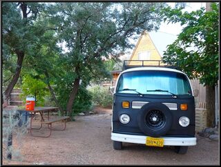 Morning in Moab with the familiar KOA a-frame behind us