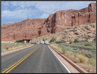 A long line to get into Arches National Park...