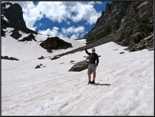 Ultimately we climbed to the snow patch right over Theresas finger and sledded down