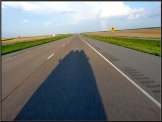 The bus casting a tall proud shadow