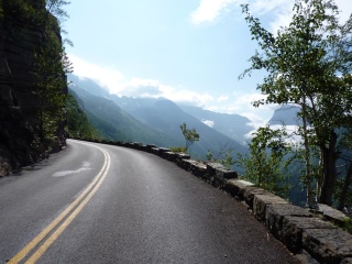 Starting up the seriously steep Going To The Sun Road, loving the guard rails