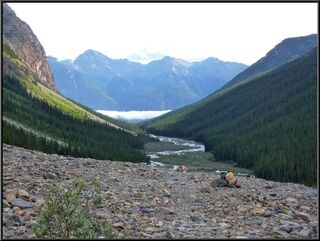 Looking down the valley at clouds on the Icefield Parkway