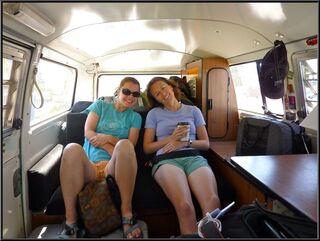 Theresa and Cori in the back of the bus