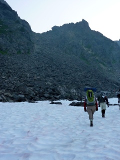 The rock chute on the left is the start of the Golden Stairs. It's steeper than it looks