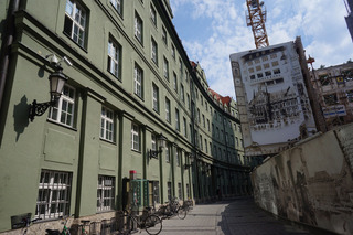 The building follows the street.