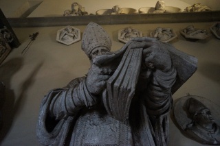 A graffitied staute of clergy. A couple of hundred year old wedding prop, so it is okay