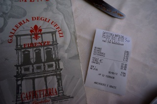 Lunch at the Uffizi, those Bevande are twelve ounce cans of coke. In Euros