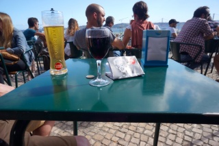 Late afternoon beverage break overlooking Lisbon Bay at Miradouro de Santa Catarina