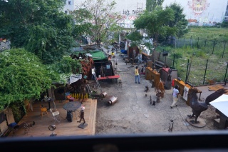 Looking down at the backyard sculpture garden