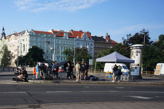 A film crew holding up traffic