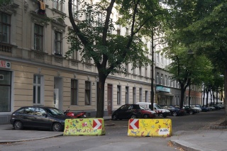 Our neighborhood. We paint our traffic barriers happy here
