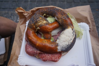 A pretzel salami sandwich. Brilliant at six bucks