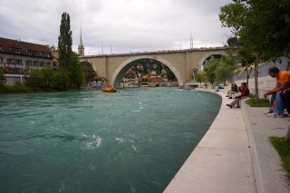 A boat of tourists floating down the river Aare
