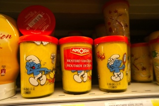 At our local supermarche, Smurf mustard. Smurfs are Belgian