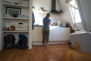 Theresa, whipping up a little salmon for dinner