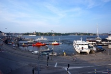 Looking down at Stockholm harbor as we head to dinner
