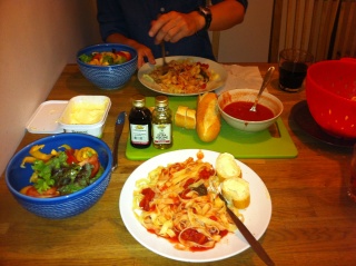 Hostel fine cuisine. Travel oil and vinegar. Wish we'd found that two months ago