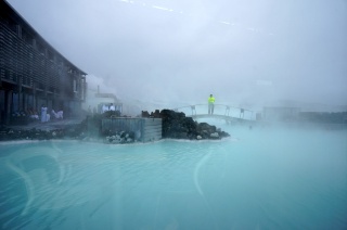 Out the window. It wasn't nearly as scary as it looks. That is a lifeguard in yellow