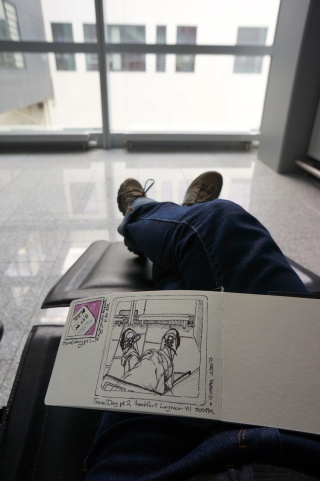 Theresa, sketching her feet in our super secret lounge spot