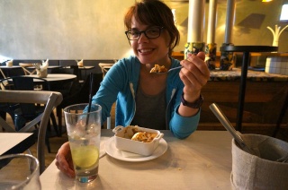 Crumbled Peach desert. Theresa's face says it all