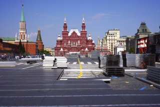 Looking across Red Square at the State History Museum. They are setting up for something big