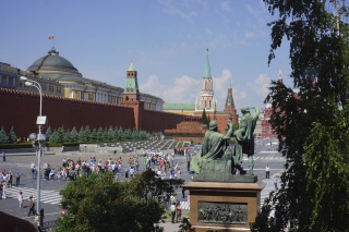 Looking at the wall of the Kremlin and Lenin's tomb from inside St. Basil's