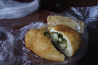 Theresa, taking the easy route with egg salad stuffed dumpling